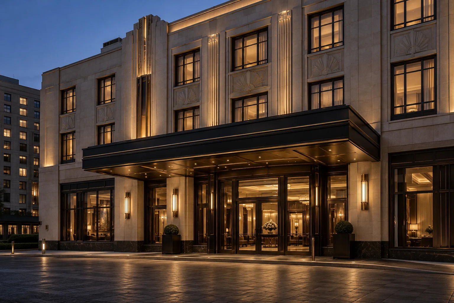 AI-generated fictional hotel exterior at dusk